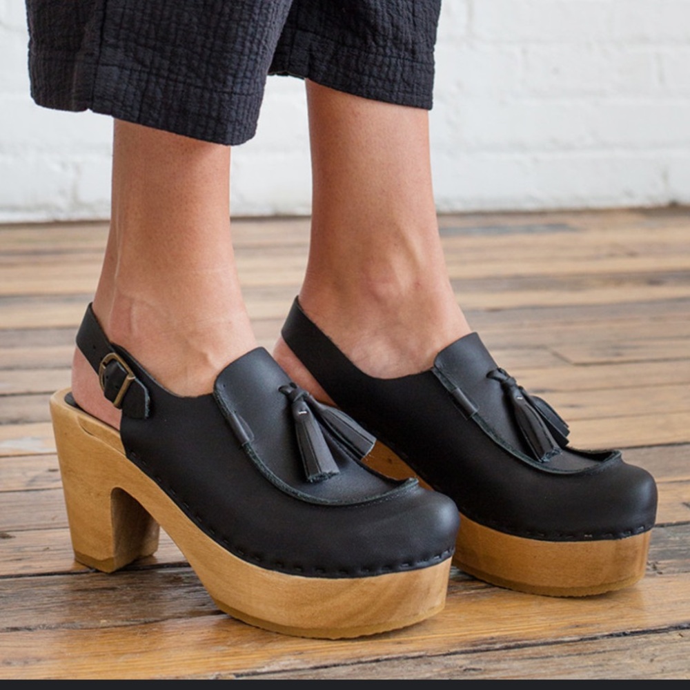 No. 6 Black Leather Clogs with Tassels